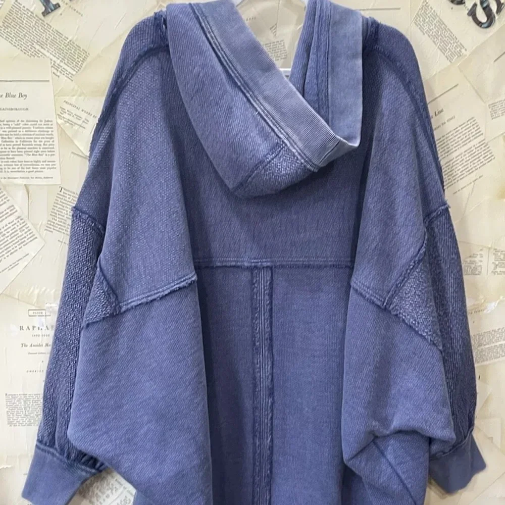 Free People Forever Yours Cardi We The Free Hooded Rib Hem Slouchy Midnight Rain - Picture 5 of 5